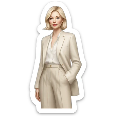 pale skin woman with ash blonde Straightened bob Hair, White Spacious classical jacket, beige palazzo Arrow pants and gray blouse holding white IPhone 15 pro in the hands sticker