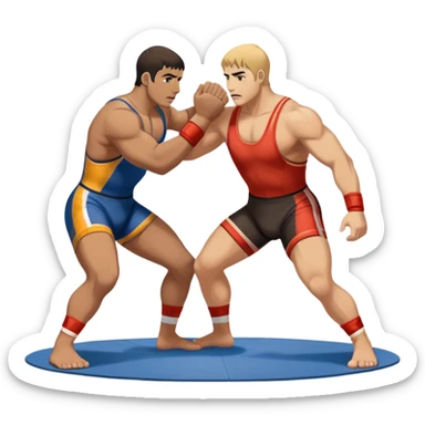 An icon symbolizing Greco-Roman wrestling, showing two wrestlers locked in a powerful grip, focusing on upper-body techniques. The background features a wrestling mat, with the athletes wearing traditional singlets. Transparent background highlights the strength and skill of the sport. sticker