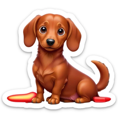 cinematic-[dachshund dog]-realistic-full-body-sitting-emoji,-tail-resting-loosely-beside-its-paws,-head-tilted-dramatically,-sleek-[red]-fur,-simplified-yet-realistic-focused-features,-highly-detailed,-glowing-with-an-almost-sarcastic-glow sticker