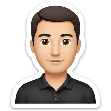 Middle-aged man with strong square face, pronounced jawline, full cheeks, neutral expression, dark brown eyes, thick eyebrows, wide proportional nose, friendly smile with medium lips, short dark hair neatly styled to the side, wearing a black polo shirt sticker
