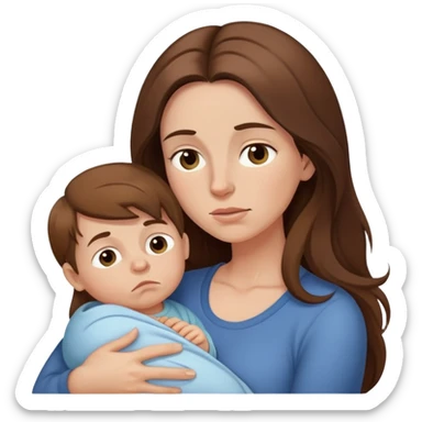 Exhausted mom with long brown hair and baby boy sticker