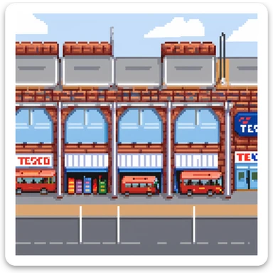 Isometric view of a British supermarket building with red brick facade, Tesco-style signage, shopping trolleys, and small parking area with double-decker bus visible sticker