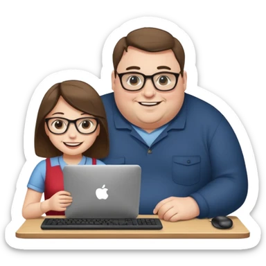 A girl helping a really fat man on the computer sticker