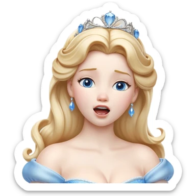 Cinematic Realistic Yawning Cinderella Portrait, showcasing lifelike porcelain skin and intricately detailed golden-blonde hair styled flawlessly as she mid-yawn reveals a moment of tender vulnerability. Her half-closed blue eyes and relaxed expression are rendered with natural, soft lighting that emphasizes the subtle textures of her face and the detailed, flowing fabric of her iconic gown. The scene glows with a cozy, authentic warmth that captures a rare, intimate moment of repose. sticker