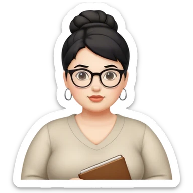 pale chubby female teacher with black hair in a updo bun, wearing glasses sticker