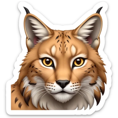 Cinematic-Noble realistic-Lynx-Portrait-Emoji – Poised and regal, with a strong, agile build and a strikingly patterned fur of warm tawny fur accented by bold black ear tufts, deep-set, intelligent amber eyes, simplified yet sharp and sophisticated. zoomed out to show shoulders sticker