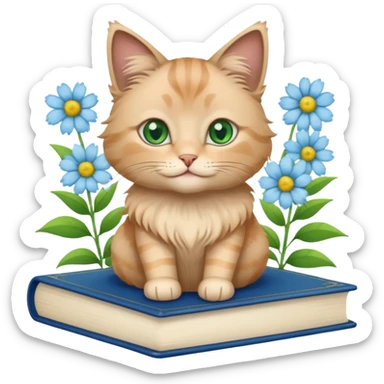 A beige fluffy cat sits on top of a blue book + flower aesthetic  sticker