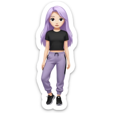 Девушка белокожая на беговой дорожке, с длинными светло-лиловыми волосами, в черном топе, в серых спортивных штанах, с черными ресницами sticker