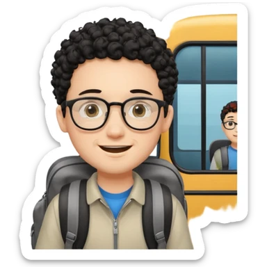 A young boy DEVELOPER WITH A backpack, black curly short hair, wearing glasses, a thin goatee, his skin is white, riding a bus sticker