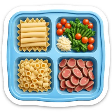 frozen meal tray rectangular 2-3 compartments frozen pasta vegetables meat frosty ice crystals muted colors firm uncooked dark simple tray no branding no utensils no packaging soft lighting transparent background emoji scale sticker