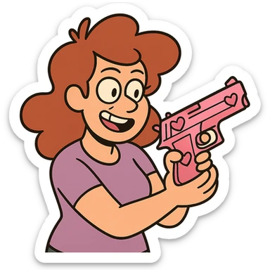 pink pistol with heart motifs, cartoonish and friendly sticker