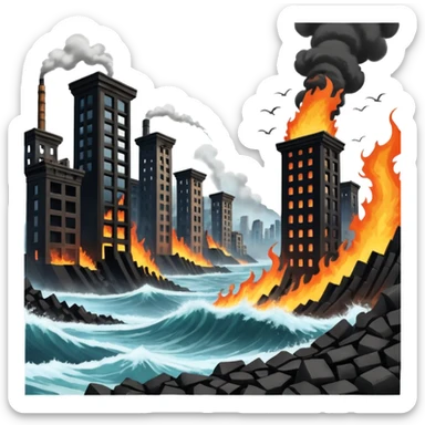 an apocalyptic backdrop of a city in ruins and on fire with a tidal wave and earthquake in the style of cyber punk and steam punk ascetics,  but rugged realistic style sticker
