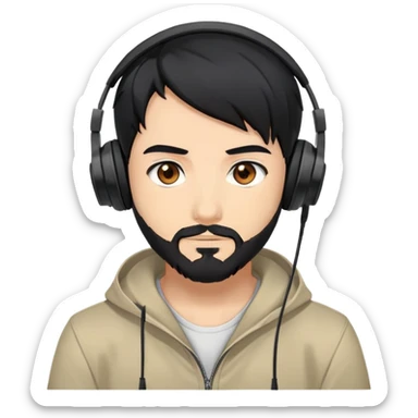 Anime-style man with black hair, brown eyes, black beard wearing gaming headphones, anime character design sticker