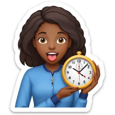 Excited black girl with tongue out holding a clock sticker