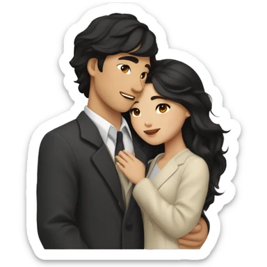 A half pale Asian man with short dark hair and amber eyes embracing and loving a half Asian woman with long wavy dark hair and dark hazel eyes. They love each other a lot And have good fashion taste. sticker