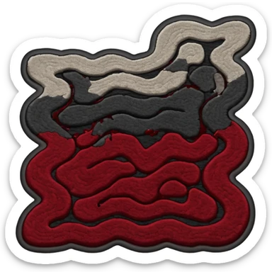Minimalist emoji-style sticker of a carpet turning into a dark river, murky texture, grayscale and dried blood tones, side ropes in shadow
 sticker
