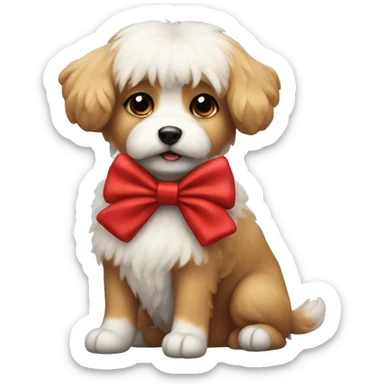 Small fluffy dog wearing a red bow sticker
