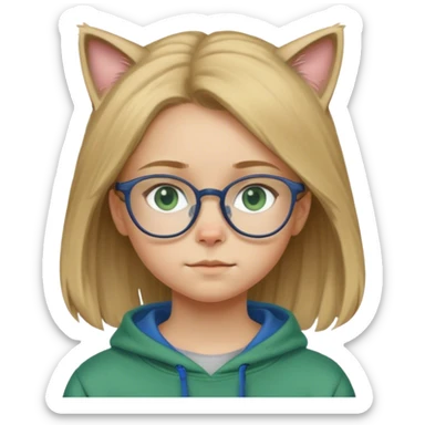 An 11 year old girl with dirty blonde hair, glasses, blue eyes, and a green sweatshirt with a cat on her head  sticker