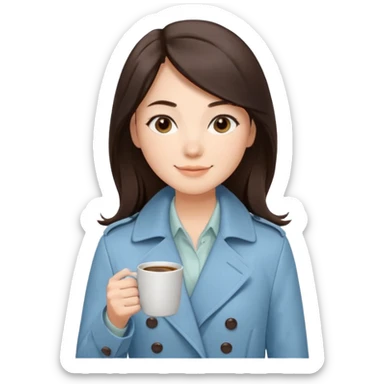 Mei – Cewe Kalem Kulit putih halus, rambut coklat gelap panjang lurus rapi, belah samping. Pakai trench biru muda sambil cangkir kopi, ekspresi tenang senyum sticker