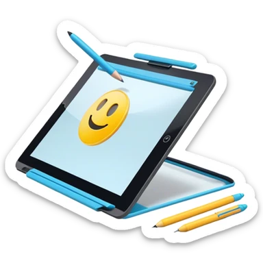 Create an emoji for 3D visualization and modeling. Show a large graphic tablet with a stylus drawing in a 3D modeling program. The 3D model on the screen should appear to protrude out of the screen. Use modern, professional colors. Make the background transparent. sticker