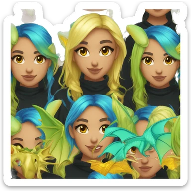 Lady with brunette and iridescent blue hair, gold, lime green dragon wings, black hoodie, bleach dyed, black and gold Nike t shirt, and bright red eyes sticker