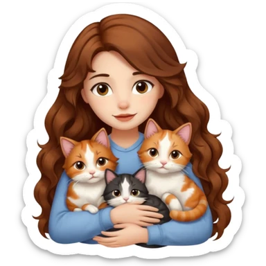 pretty girl with long wavy brown hair snuggling 6 cats sticker