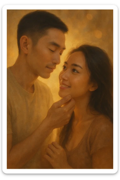 Transform these two lovers into a warm and romantic illustration with a soft and luminous ambiance. Use a realistic and poetic illustration style, avoiding the Ghibli filter. Focus on creating a tender and heartfelt atmosphere with gentle lighting and delicate details. sticker