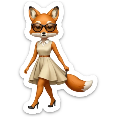 serious anthropomorphised female fox in stylish dress with sunglasses, walking with confidence, full-body view sticker