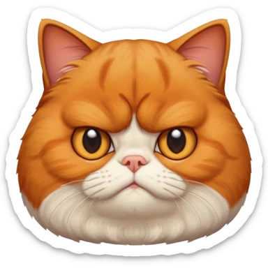 貓咪特徵強調
 
品種/臉型： 以**加菲貓（Garfield cat）或異國短毛貓（Exotic Shorthair）**為原型。
面部特徵： 強調扁臉（Flat face）、極度厭世的表情（Extremely grumpy/grumpy/displeased expression）、深深的皺眉（Deeply furrowed brow）、以及大眼睛（Large eyes）。
毛髮： 擁有雙層、蓬鬆的長毛（Double-coated, fluffy long fur）。 sticker