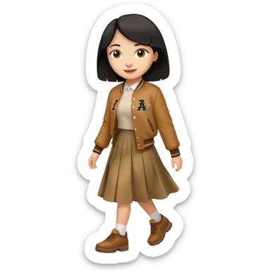  light skin, black cololong hair girl with brown varsity jacket and long skirt walking  sticker