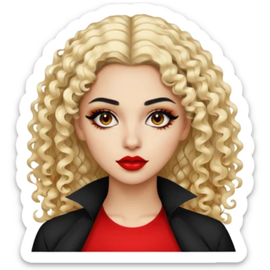 Pale Saudi beauty, pretty baddie, black eyeliner red lips, split dye leftside blonde rightside black curly hair sticker