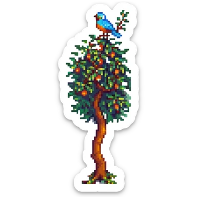 orange tree pixel art style with a bird perched on a branch sticker