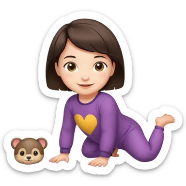 short brunette hair baby crawling on the floor with cute animal symbol clothes sticker