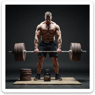 realistic powerlifter lifting barbell for deadlift, bottle of AAS on floor next to plates, thoughtful expression, isolated on white background sticker