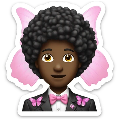 A black twink with afro mullet hair in an intricate suit, engraved with pink butterfly sticker