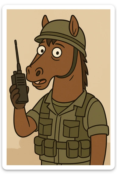 brown horse with an army vibe, cartoon style, holding a walkie-talkie sticker