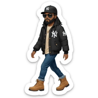 African American man with shoulder length black dreadlocks with black beard wearing black sunglasses wearing a black New York Yankees logo baseball cap wearing a black bubble winter coat wearing denim skinny jeans and timberland boots walking left sticker