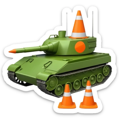 green military tank with a traffic cone with a sad face flattened under its treads, emoji style sticker