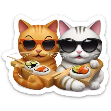 two cats wearing sunglasses eating sushi sticker