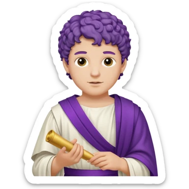 An emoji portrait of a young Roman patrician. He wears a white toga with a purple border. He has short curly hair and a dignified expression, holding a small scroll. sticker