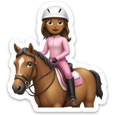 young girl riding a horse wearing tan pants, a pink long sleeve, a riding helmet and boots sticker
