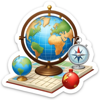 An icon featuring a hotel building, and a globe, symbolizing the scientific study of tourism and hospitality. The design includes a map, a compass, and a checklist, representing travel planning and service management. Transparent background highlights the academic exploration of the tourism industry sticker
