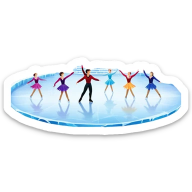 An icon of a theatrical ice show with close-up costumed figure skaters performing a dramatic scene on a glowing ice stage. Spotlights, colorful scenery, and a cheering audience in a grand arena convey the magic and artistry of the ice performance. Transparent background included. sticker