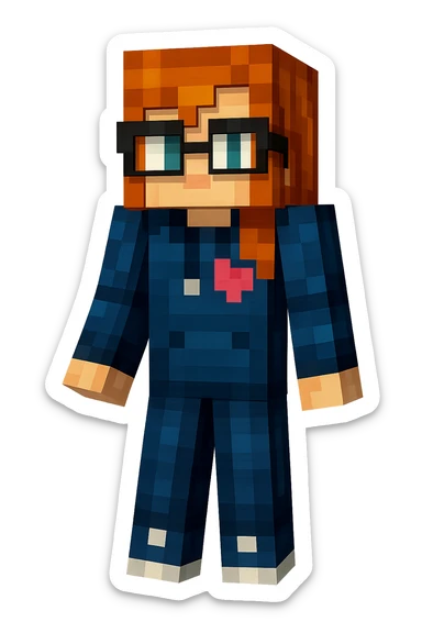 Extract the rightmost character with orange hair, glasses, and blue outfit from the image, fully visible and separate, preserving the original Minecraft cartoon style and appearance, with a transparent background. sticker