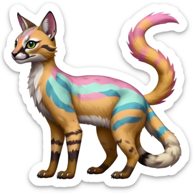 Realistic Colorful pale fruity glorious exotic neon vibrant zigzagged fantasy-caracal-civet-genet-sergal-vernid-Gryphon-Cacomistle-Trico-oncilla-animal-Fakémon-hybrid-fursona (full body), facial markings, (realism style) sticker