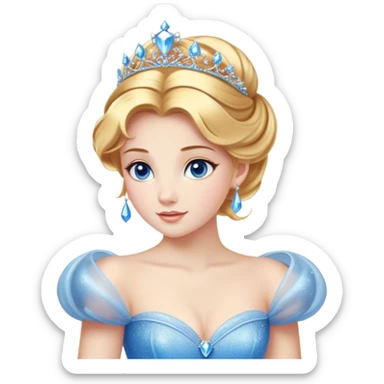 Cinematic Stunning Cinderella Portrait Emoji, Radiant in her sparkling blue ball gown, golden hair in a perfect updo, soft blue eyes full of wonder, glistening tiara, glowing with an ethereal beauty, regal yet kind, a dreamlike aura surrounds her, capturing the essence of a fairy tale princess, elegant and breathtaking! sticker