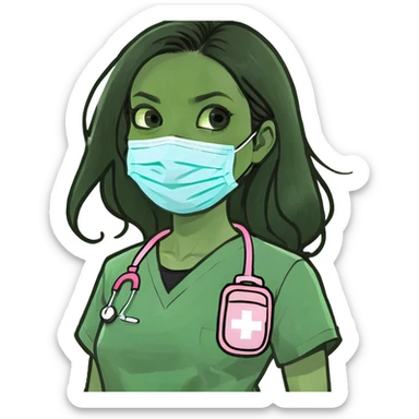 Female doctor without stethoscope long black hair wearing pink scrubs doe eyes sticker