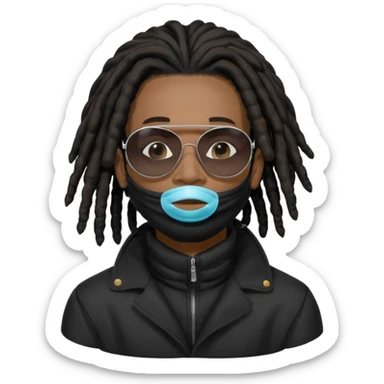 African American man with shoulder length black dreadlocks  wearing black sunglasses wearing a black bubble winter coatwearing a covid mask covering mouth and nose sticker