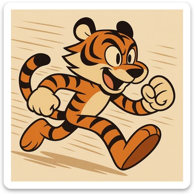 a fast-moving tiger in a dynamic pose, inspired by Sonic the Hedgehog, with exaggerated speed lines and a playful, energetic expression, cartoon style sticker