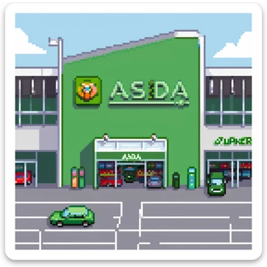 Isometric view of an ASDA supermarket building with green signage, large glass entrance, shopping trolleys bay, and car park with British cars sticker